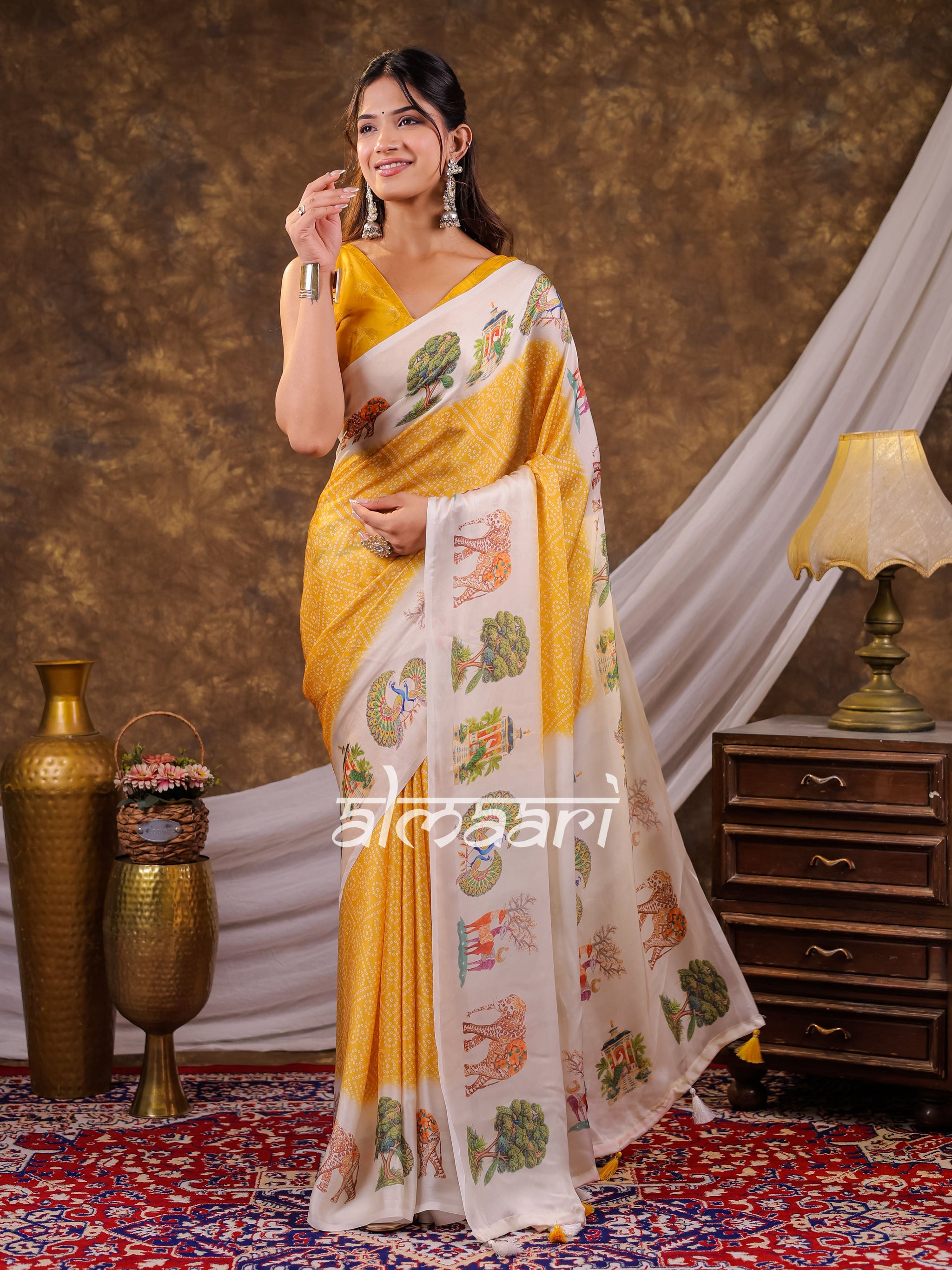 Vantara Mustard Yellow Satin Chiffon Printed Saree with Wildlife & Nature Print, Designer Tassel Pallu & Matching Blouse Piece