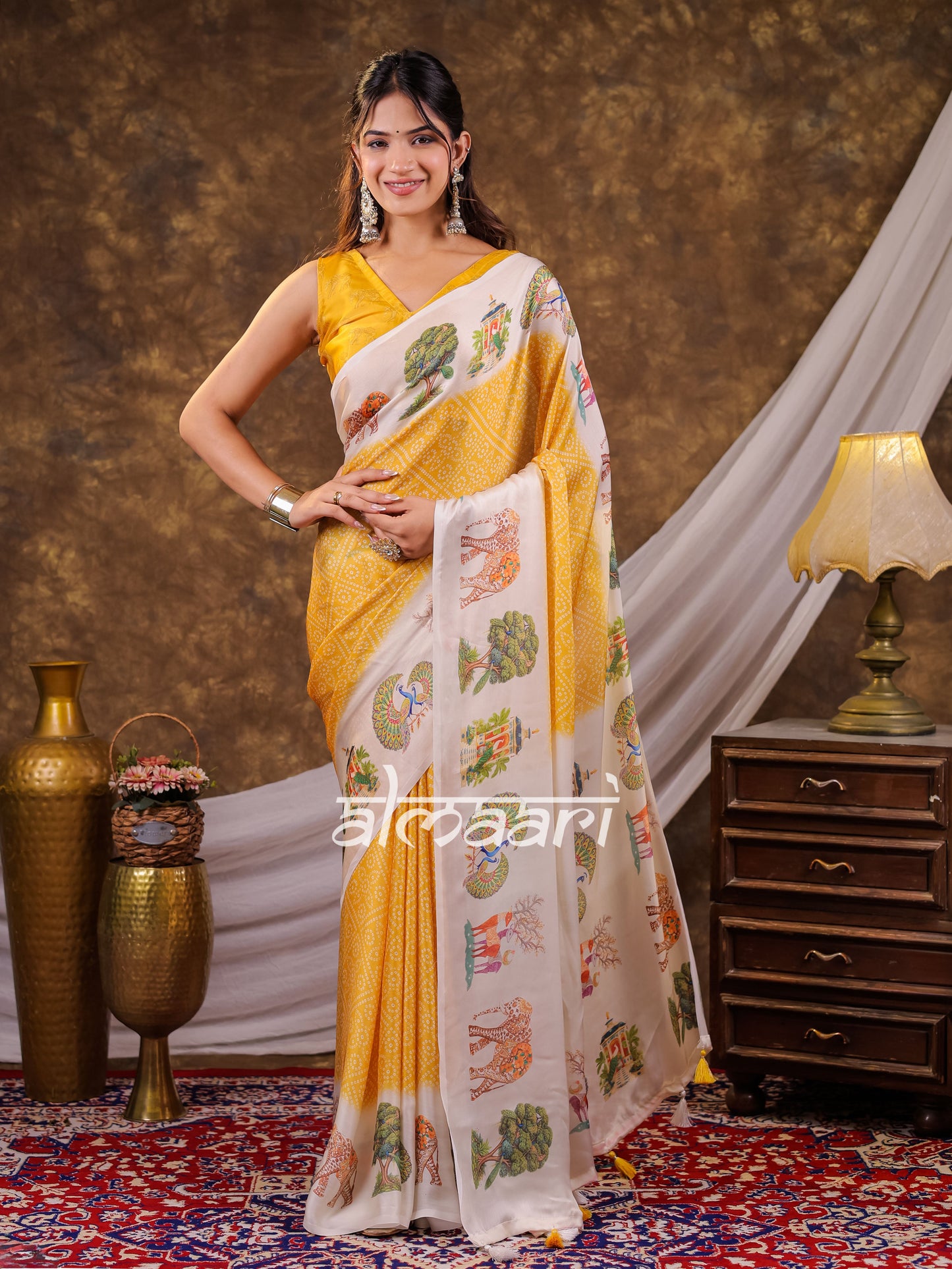 Vantara Mustard Yellow Satin Chiffon Printed Saree with Wildlife & Nature Print, Designer Tassel Pallu & Matching Blouse Piece