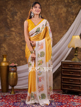 Vantara Mustard Yellow Satin Chiffon Printed Saree with Wildlife & Nature Print, Designer Tassel Pallu & Matching Blouse Piece