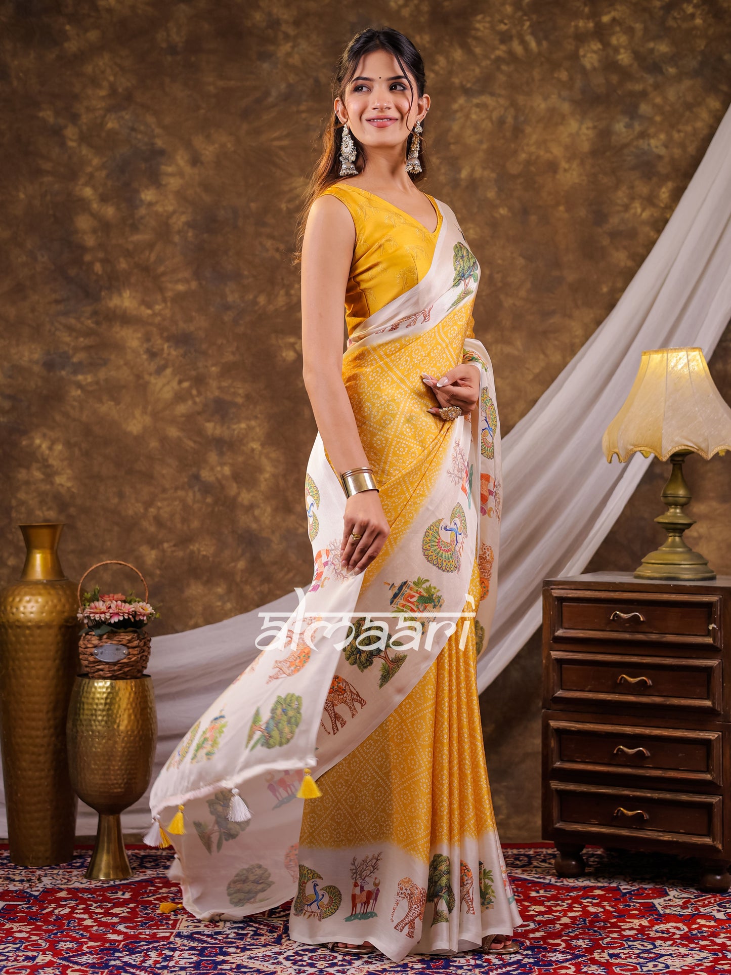 Vantara Mustard Yellow Satin Chiffon Printed Saree with Wildlife & Nature Print, Designer Tassel Pallu & Matching Blouse Piece