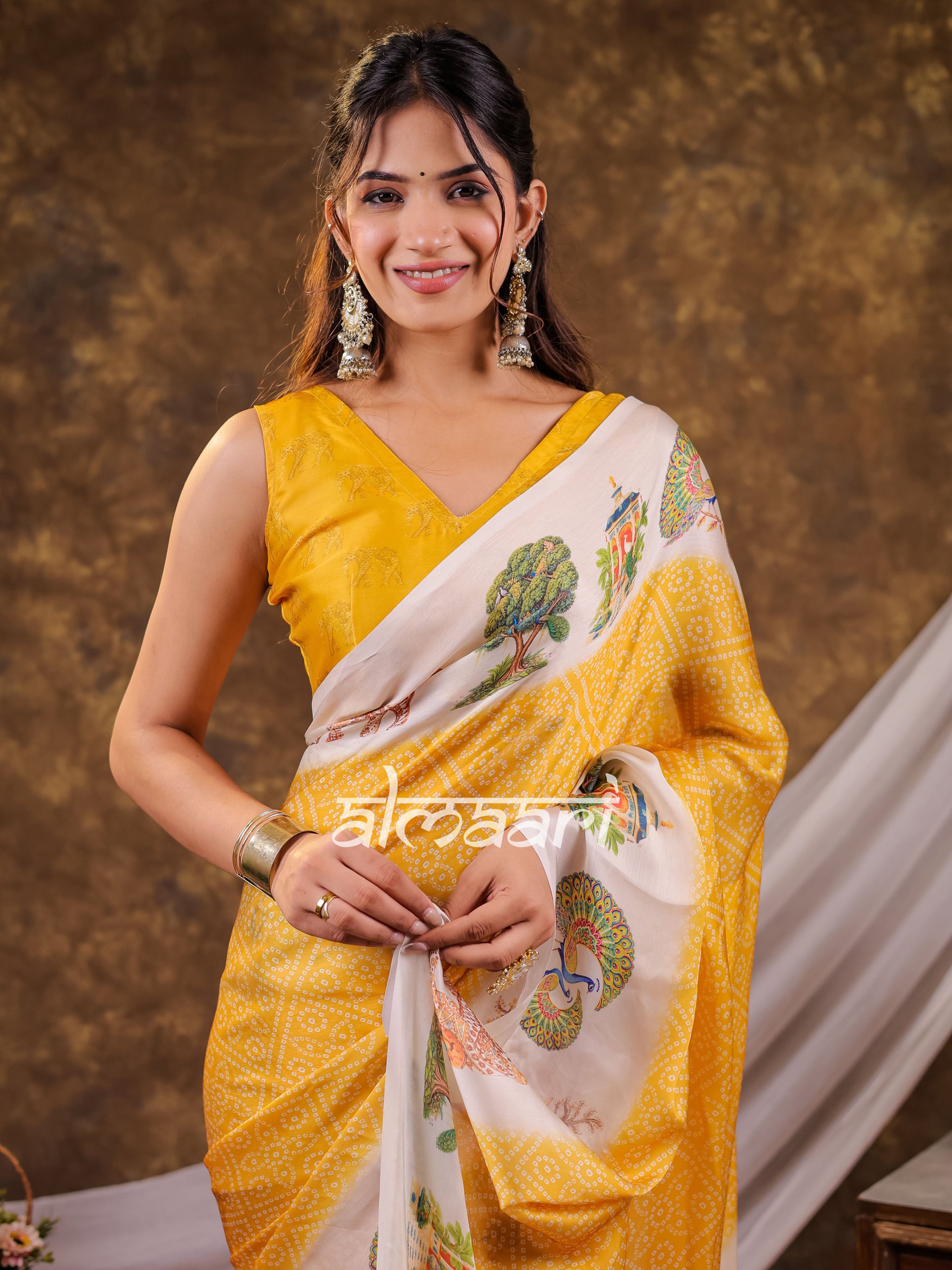Vantara Mustard Yellow Satin Chiffon Printed Saree with Wildlife & Nature Print, Designer Tassel Pallu & Matching Blouse Piece
