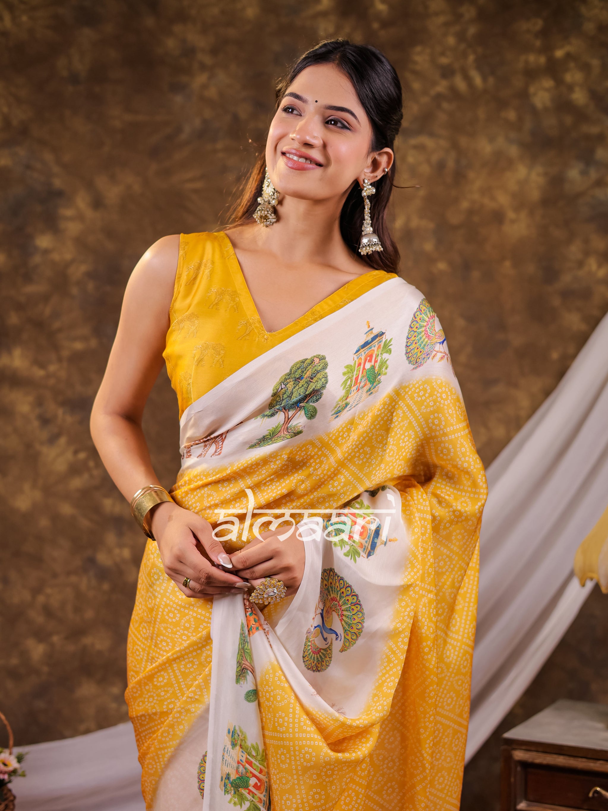 Vantara Mustard Yellow Satin Chiffon Printed Saree with Wildlife & Nature Print, Designer Tassel Pallu & Matching Blouse Piece