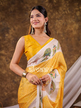Vantara Mustard Yellow Satin Chiffon Printed Saree with Wildlife & Nature Print, Designer Tassel Pallu & Matching Blouse Piece