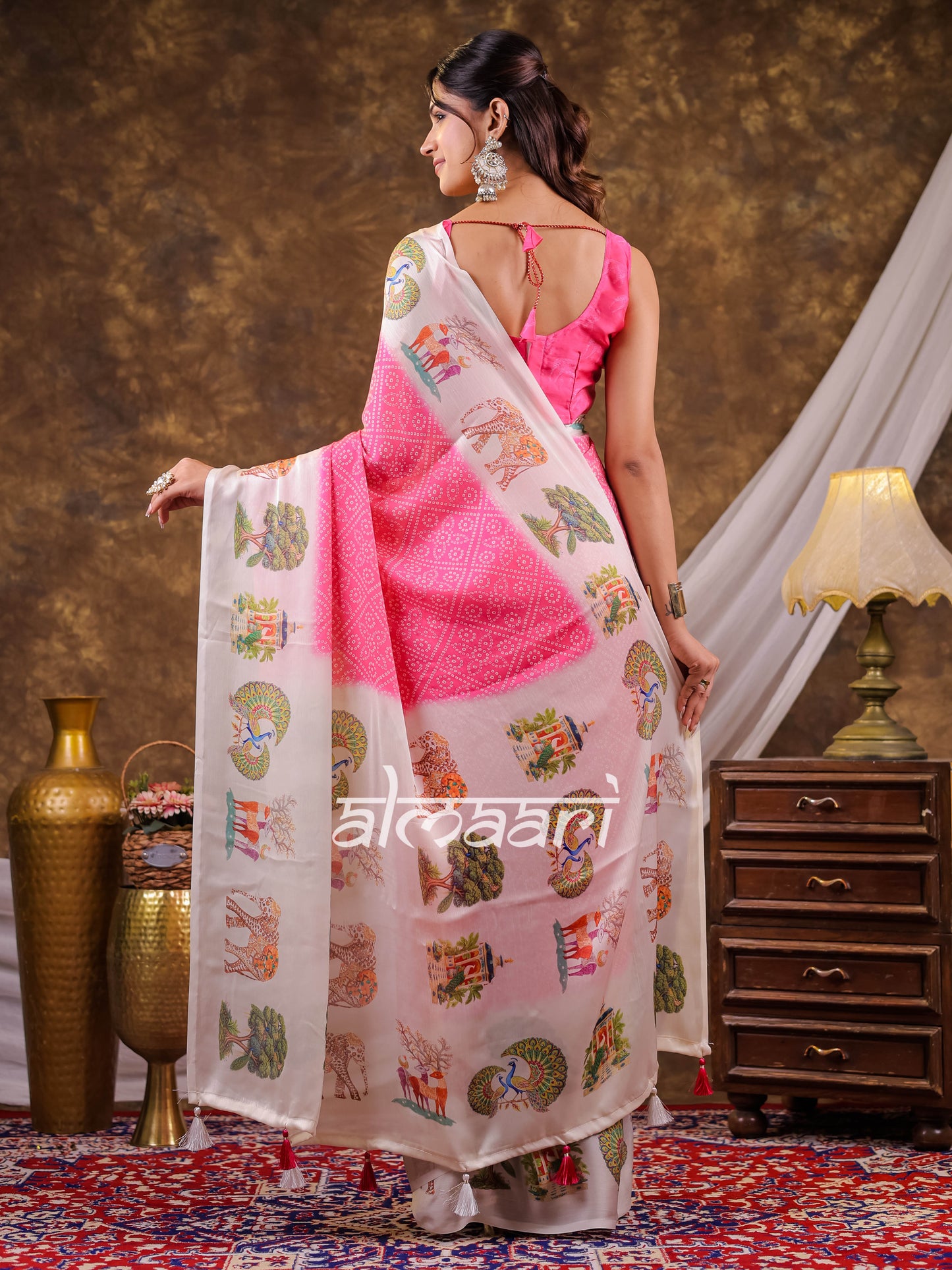 Vantara Blush Pink Satin Chiffon Printed Saree with Wildlife & Nature Print, Designer Tassel Pallu & Matching Blouse Piece
