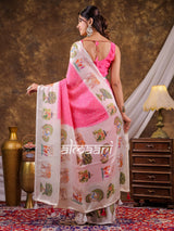 Vantara Blush Pink Satin Chiffon Printed Saree with Wildlife & Nature Print, Designer Tassel Pallu & Matching Blouse Piece