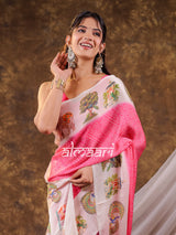 Vantara Blush Pink Satin Chiffon Printed Saree with Wildlife & Nature Print, Designer Tassel Pallu & Matching Blouse Piece