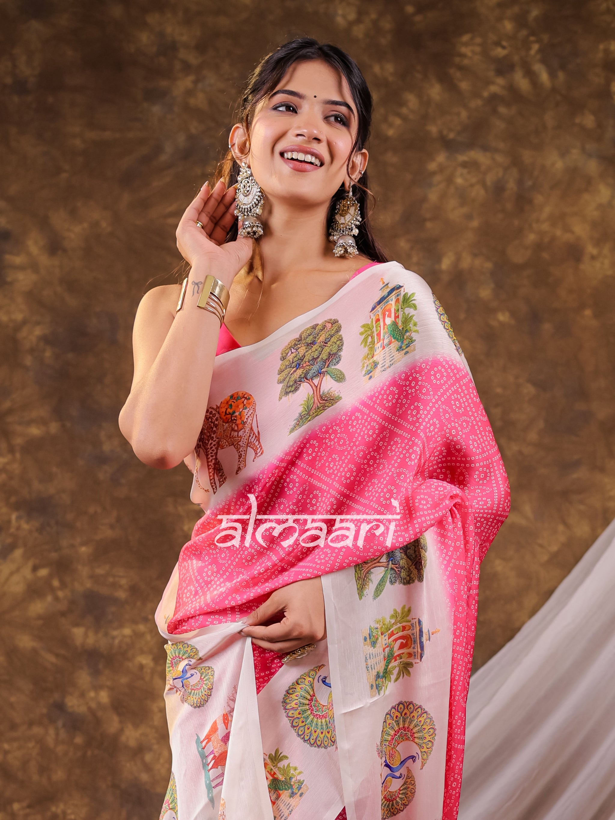 Vantara Blush Pink Satin Chiffon Printed Saree with Wildlife & Nature Print, Designer Tassel Pallu & Matching Blouse Piece