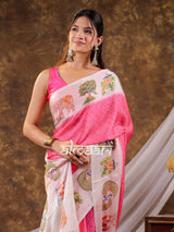 Vantara Blush Pink Satin Chiffon Printed Saree with Wildlife & Nature Print, Designer Tassel Pallu & Matching Blouse Piece