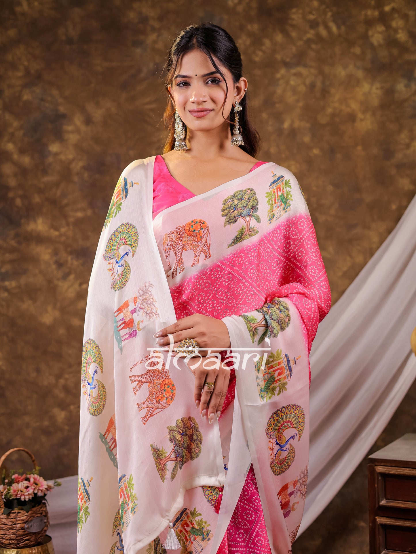 Vantara Blush Pink Satin Chiffon Printed Saree with Wildlife & Nature Print, Designer Tassel Pallu & Matching Blouse Piece
