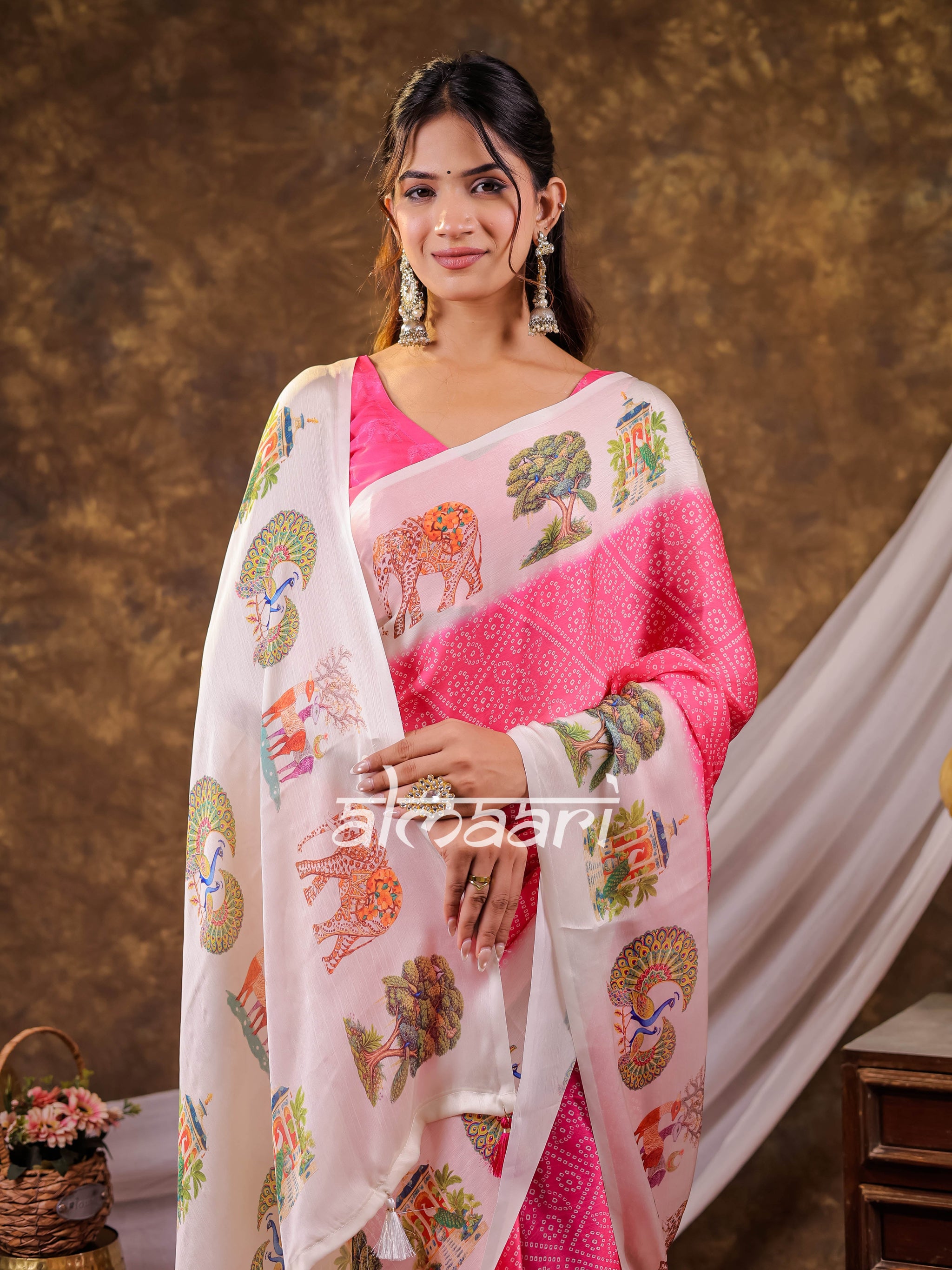Vantara Blush Pink Satin Chiffon Printed Saree with Wildlife & Nature Print, Designer Tassel Pallu & Matching Blouse Piece