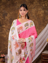 Vantara Blush Pink Satin Chiffon Printed Saree with Wildlife & Nature Print, Designer Tassel Pallu & Matching Blouse Piece