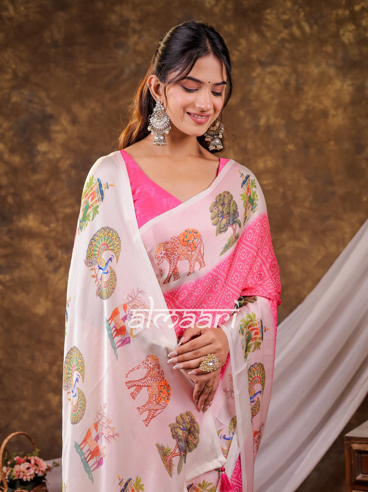 Vantara Blush Pink Satin Chiffon Printed Saree with Wildlife & Nature Print, Designer Tassel Pallu & Matching Blouse Piece
