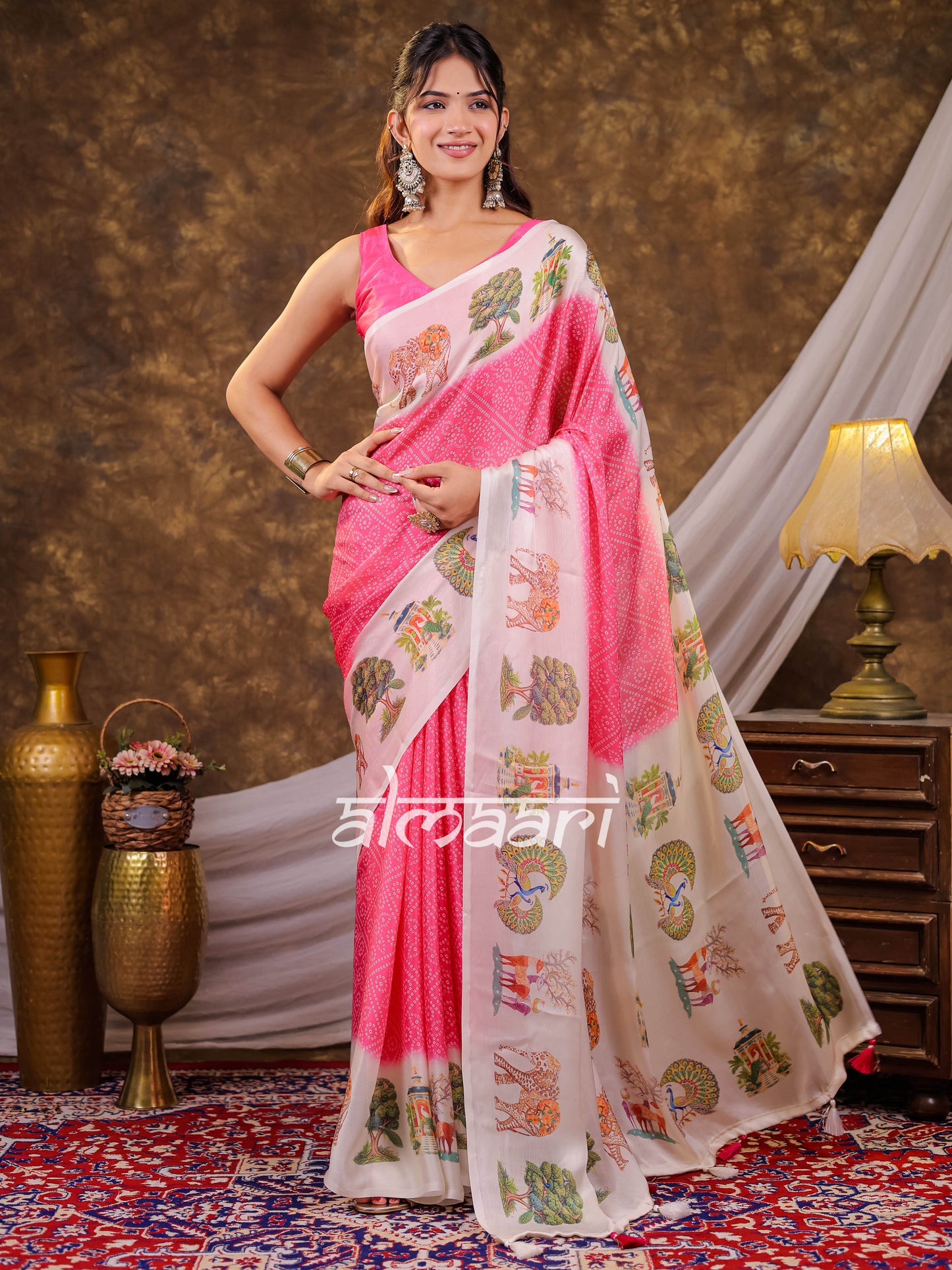 Vantara Blush Pink Satin Chiffon Printed Saree with Wildlife & Nature Print, Designer Tassel Pallu & Matching Blouse Piece