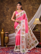 Vantara Blush Pink Satin Chiffon Printed Saree with Wildlife & Nature Print, Designer Tassel Pallu & Matching Blouse Piece