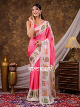 Vantara Blush Pink Satin Chiffon Printed Saree with Wildlife & Nature Print, Designer Tassel Pallu & Matching Blouse Piece