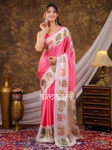 Vantara Blush Pink Satin Chiffon Printed Saree with Wildlife & Nature Print, Designer Tassel Pallu & Matching Blouse Piece