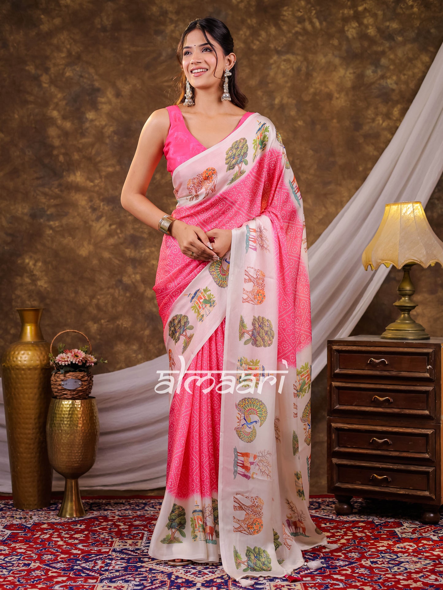 Vantara Blush Pink Satin Chiffon Printed Saree with Wildlife & Nature Print, Designer Tassel Pallu & Matching Blouse Piece