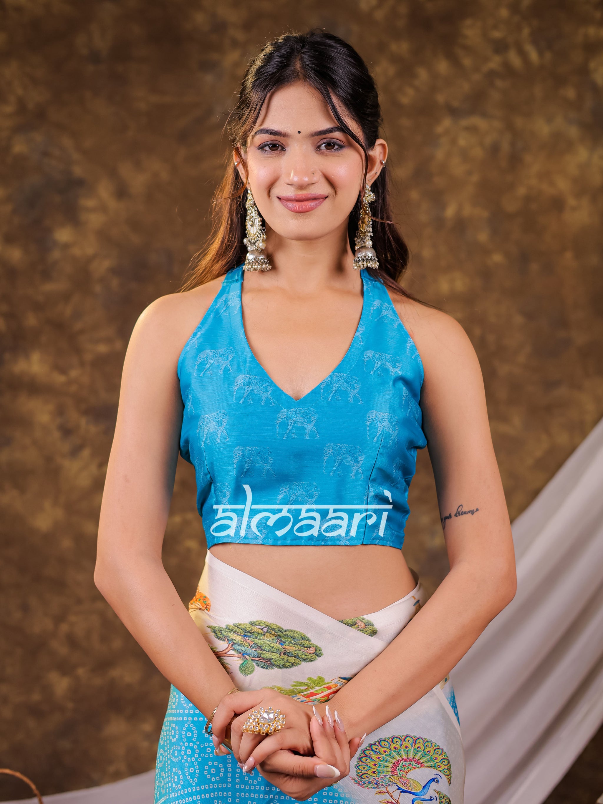 Vantara Aqua Blue Satin Chiffon Printed Saree with Wildlife & Nature Print, Designer Tassel Pallu & Matching Blouse Piece