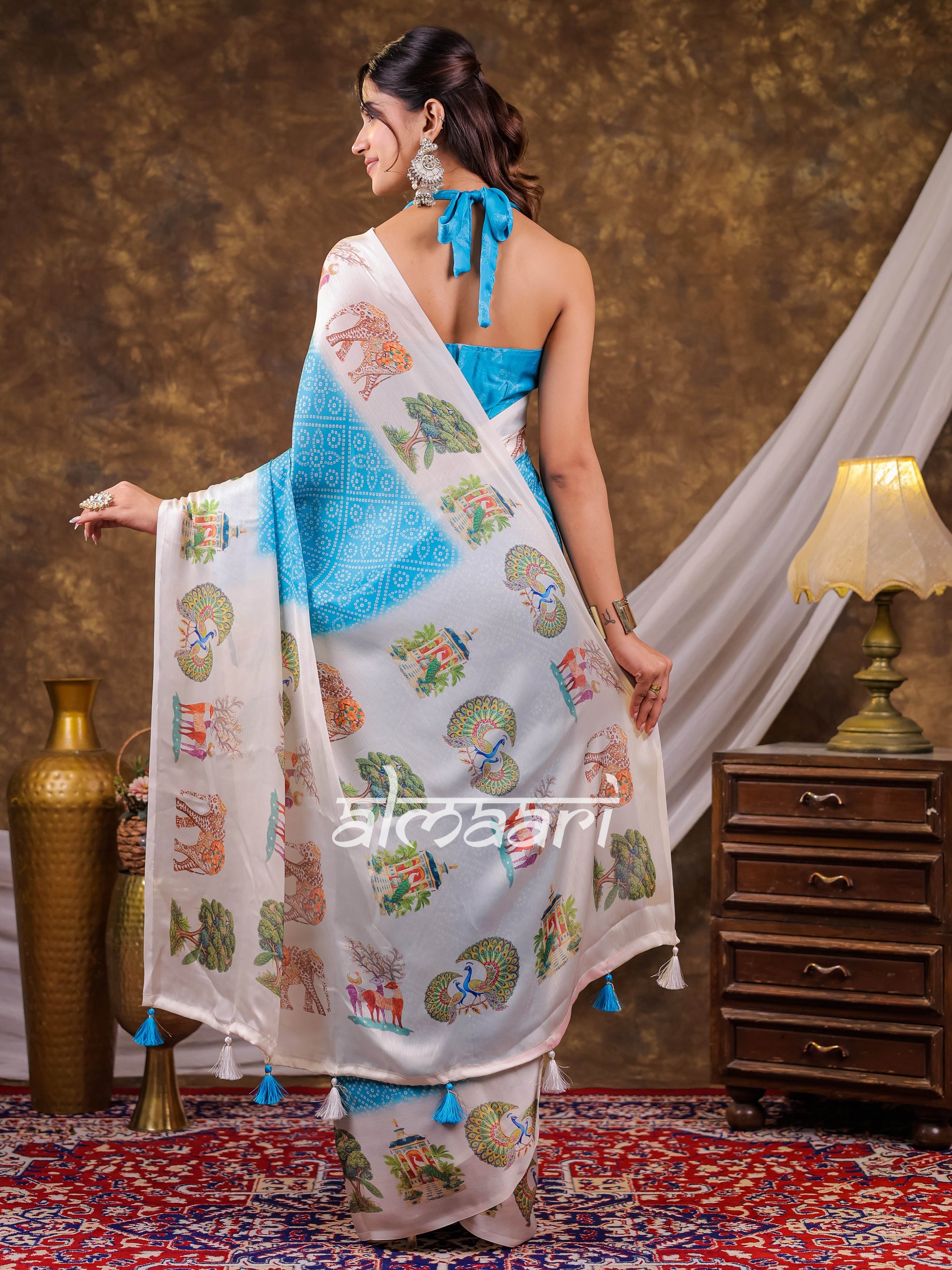 Vantara Aqua Blue Satin Chiffon Printed Saree with Wildlife & Nature Print, Designer Tassel Pallu & Matching Blouse Piece