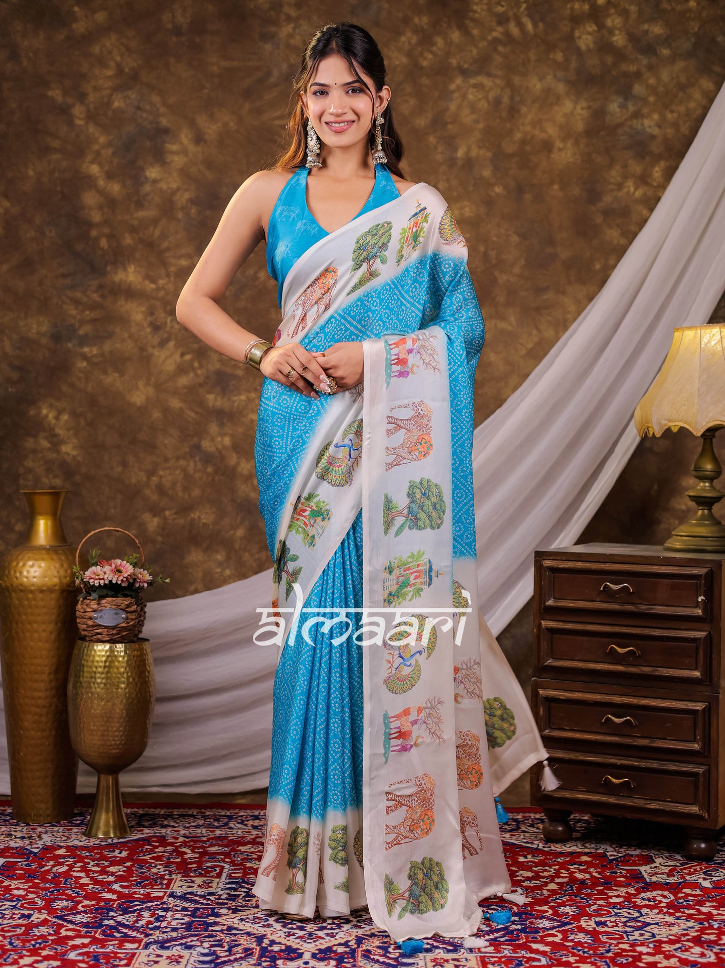 Vantara Aqua Blue Satin Chiffon Printed Saree with Wildlife & Nature Print, Designer Tassel Pallu & Matching Blouse Piece