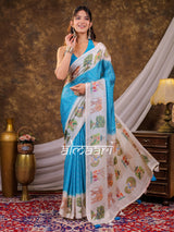 Vantara Aqua Blue Satin Chiffon Printed Saree with Wildlife & Nature Print, Designer Tassel Pallu & Matching Blouse Piece