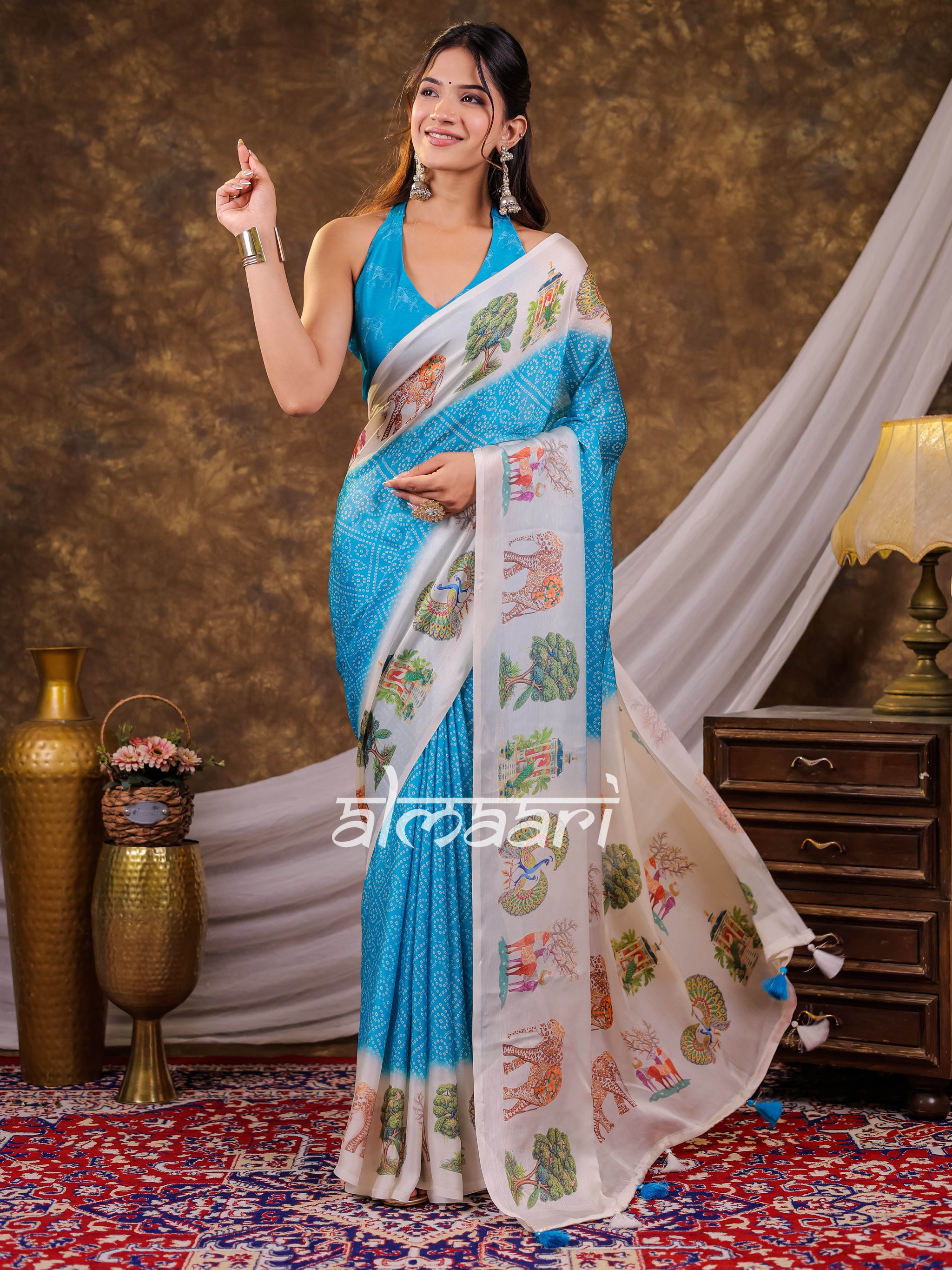 Vantara Aqua Blue Satin Chiffon Printed Saree with Wildlife & Nature Print, Designer Tassel Pallu & Matching Blouse Piece