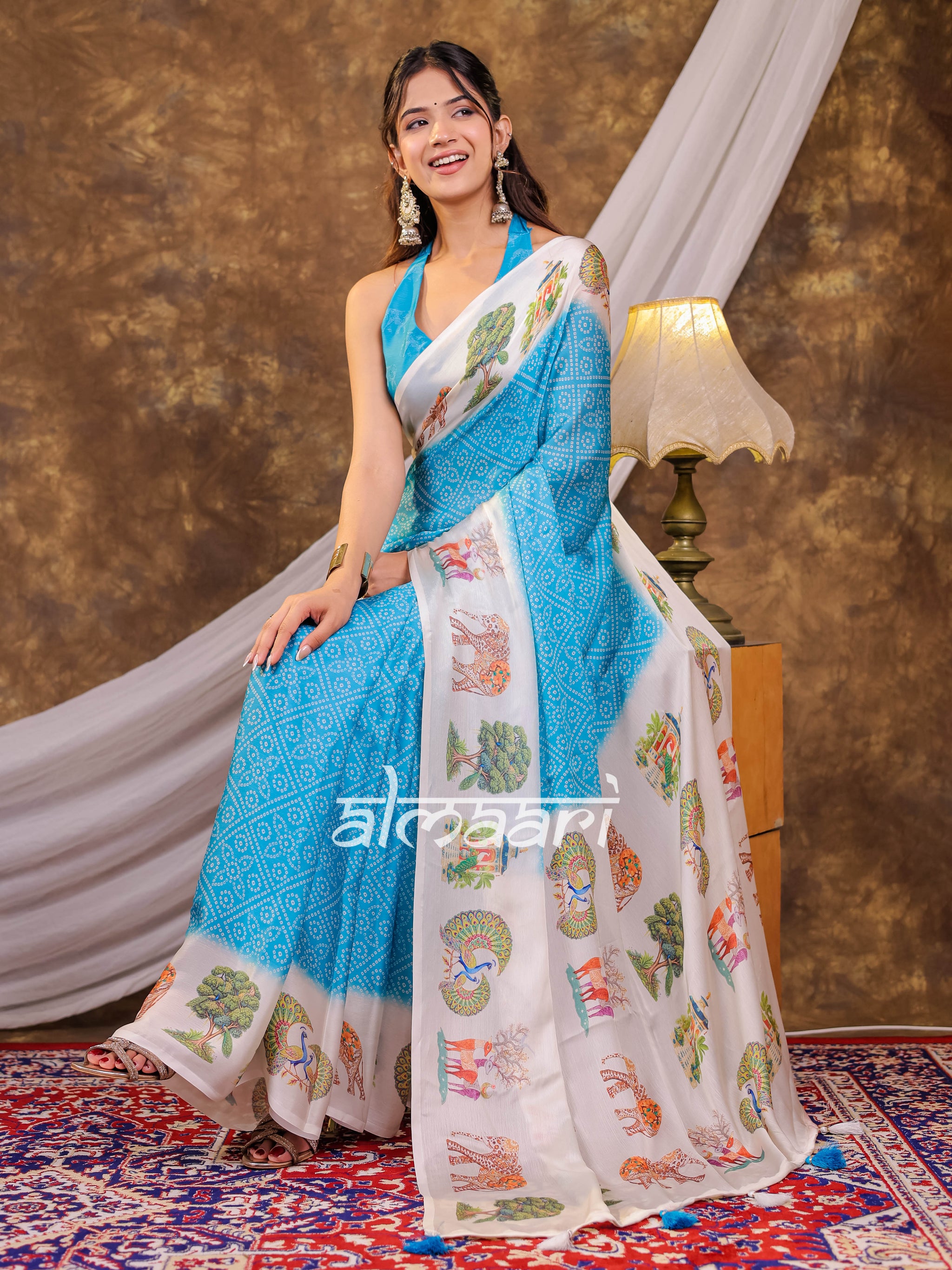 Vantara Aqua Blue Satin Chiffon Printed Saree with Wildlife & Nature Print, Designer Tassel Pallu & Matching Blouse Piece
