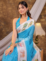 Vantara Aqua Blue Satin Chiffon Printed Saree with Wildlife & Nature Print, Designer Tassel Pallu & Matching Blouse Piece