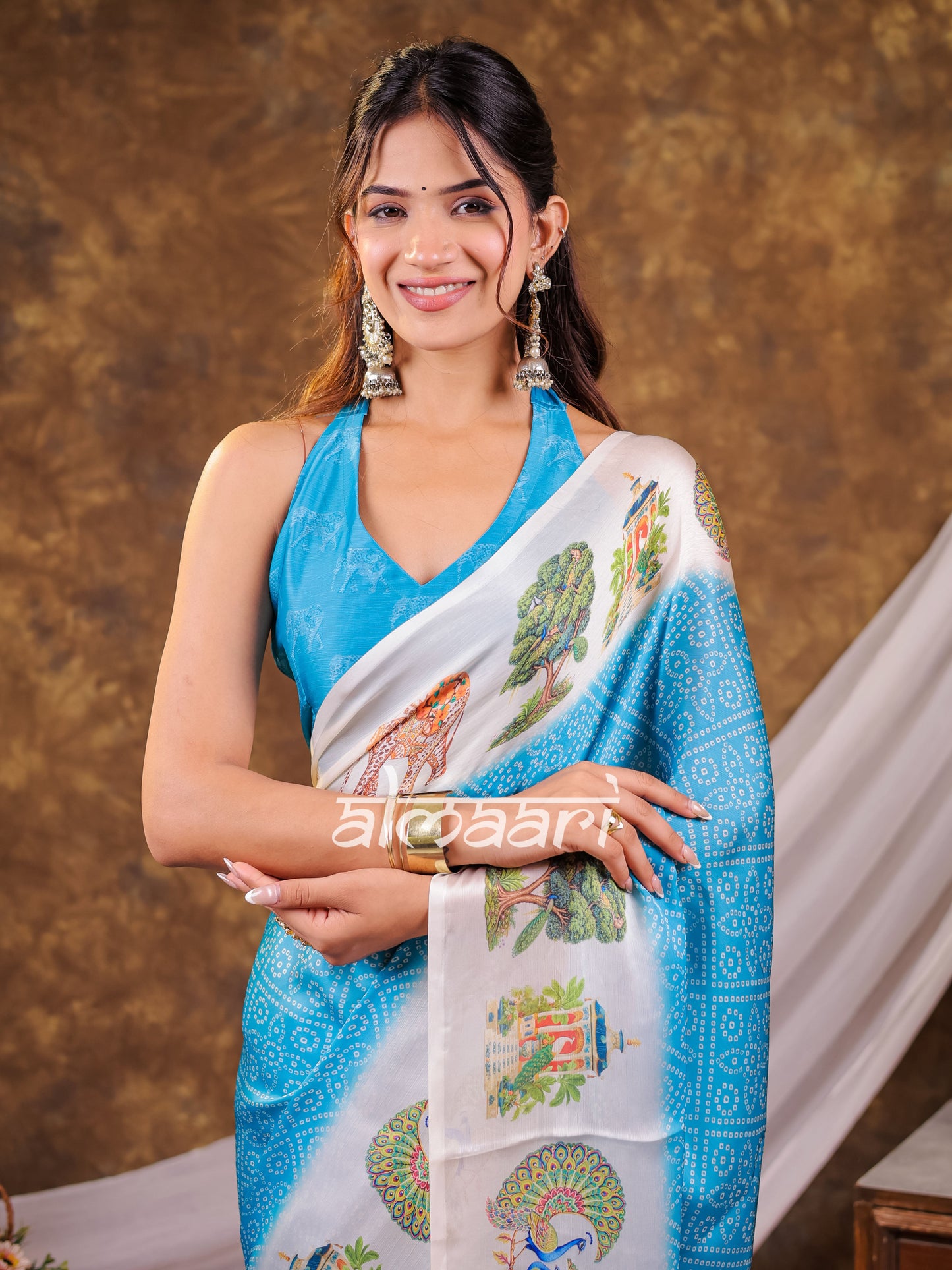 Vantara Aqua Blue Satin Chiffon Printed Saree with Wildlife & Nature Print, Designer Tassel Pallu & Matching Blouse Piece