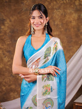 Vantara Aqua Blue Satin Chiffon Printed Saree with Wildlife & Nature Print, Designer Tassel Pallu & Matching Blouse Piece