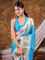Vantara Aqua Blue Satin Chiffon Printed Saree with Wildlife & Nature Print, Designer Tassel Pallu & Matching Blouse Piece