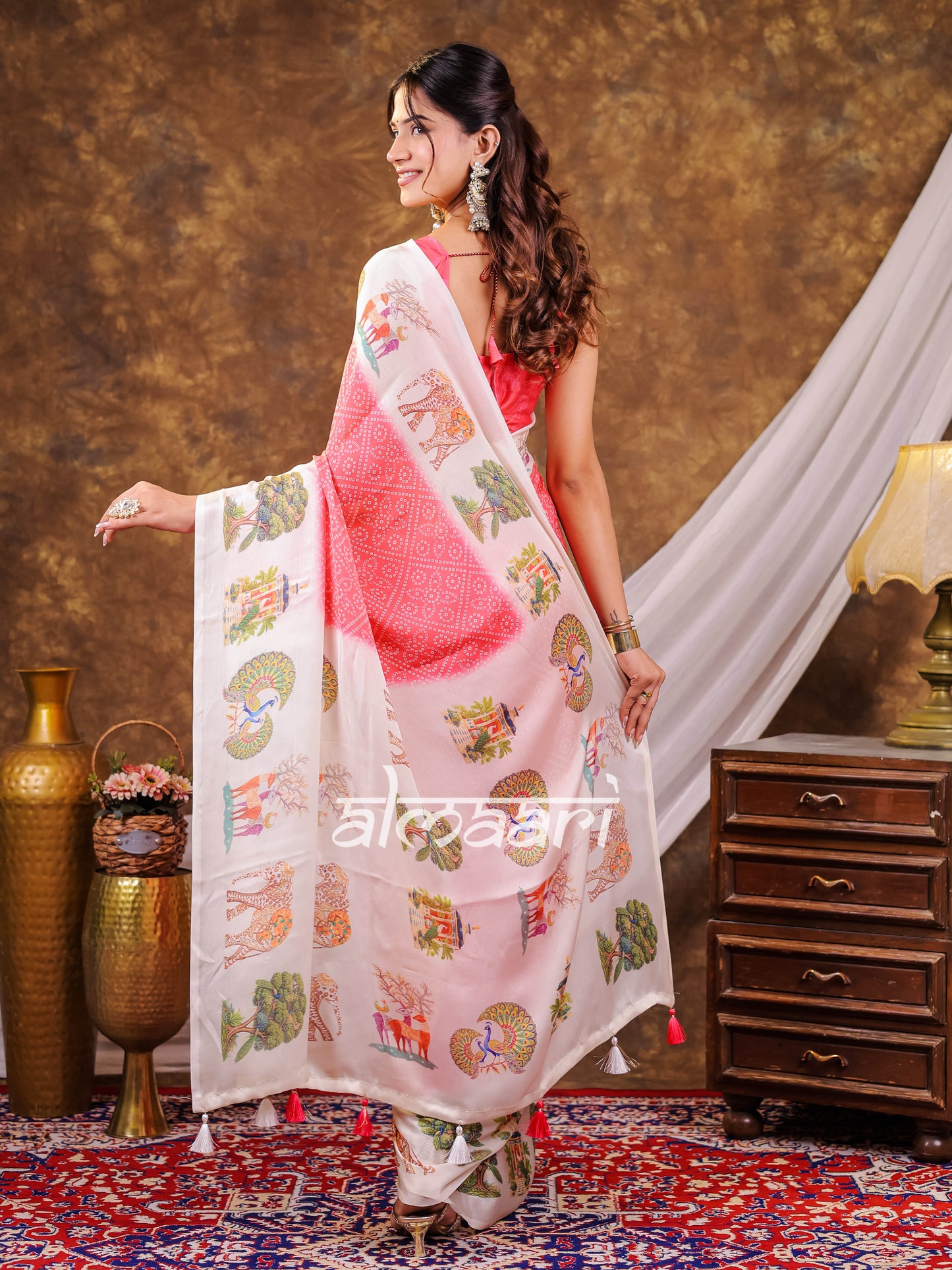 Vantara Coral Pink Satin Chiffon Printed Saree with Wildlife & Nature Print, Designer Tassel Pallu & Matching Blouse Piece