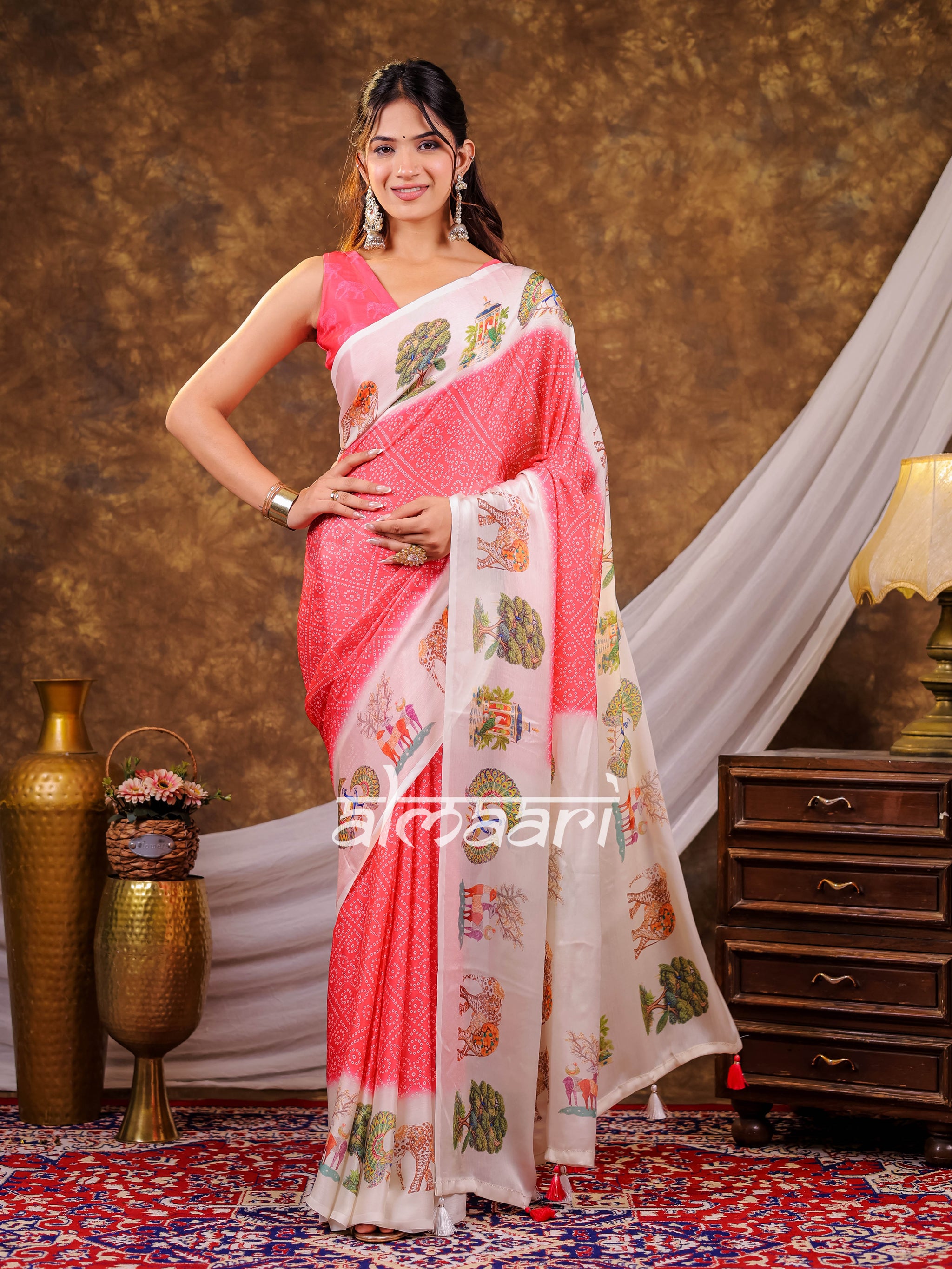 Vantara Coral Pink Satin Chiffon Printed Saree with Wildlife & Nature Print, Designer Tassel Pallu & Matching Blouse Piece
