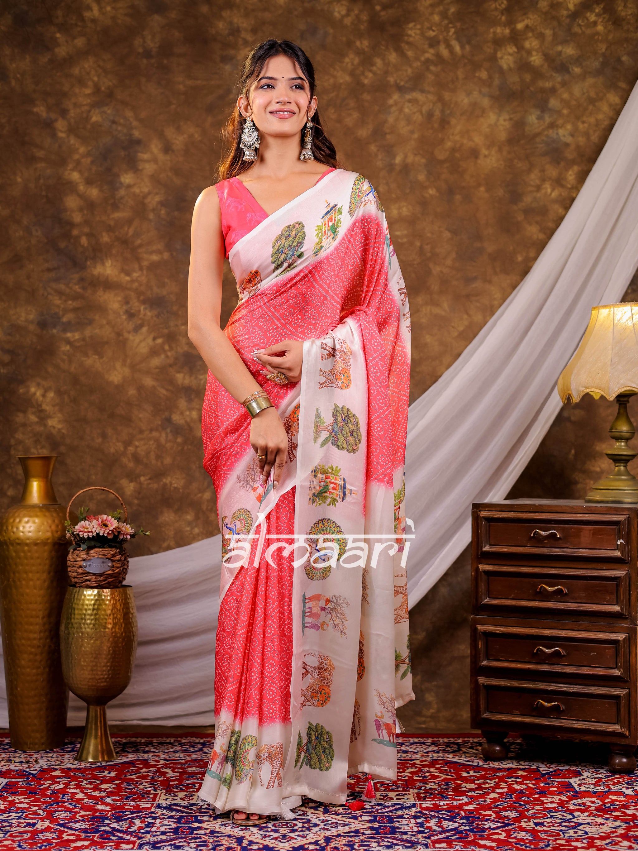 Vantara Coral Pink Satin Chiffon Printed Saree with Wildlife & Nature Print, Designer Tassel Pallu & Matching Blouse Piece
