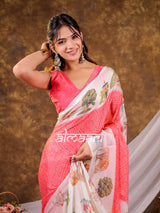 Vantara Coral Pink Satin Chiffon Printed Saree with Wildlife & Nature Print, Designer Tassel Pallu & Matching Blouse Piece