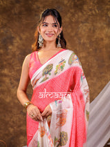 Vantara Coral Pink Satin Chiffon Printed Saree with Wildlife & Nature Print, Designer Tassel Pallu & Matching Blouse Piece