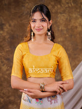 Vantara Mustard Yellow Satin Chiffon Printed Saree with Nature & Wildlife Print, Designer Tassel Pallu & Matching Blouse Piece