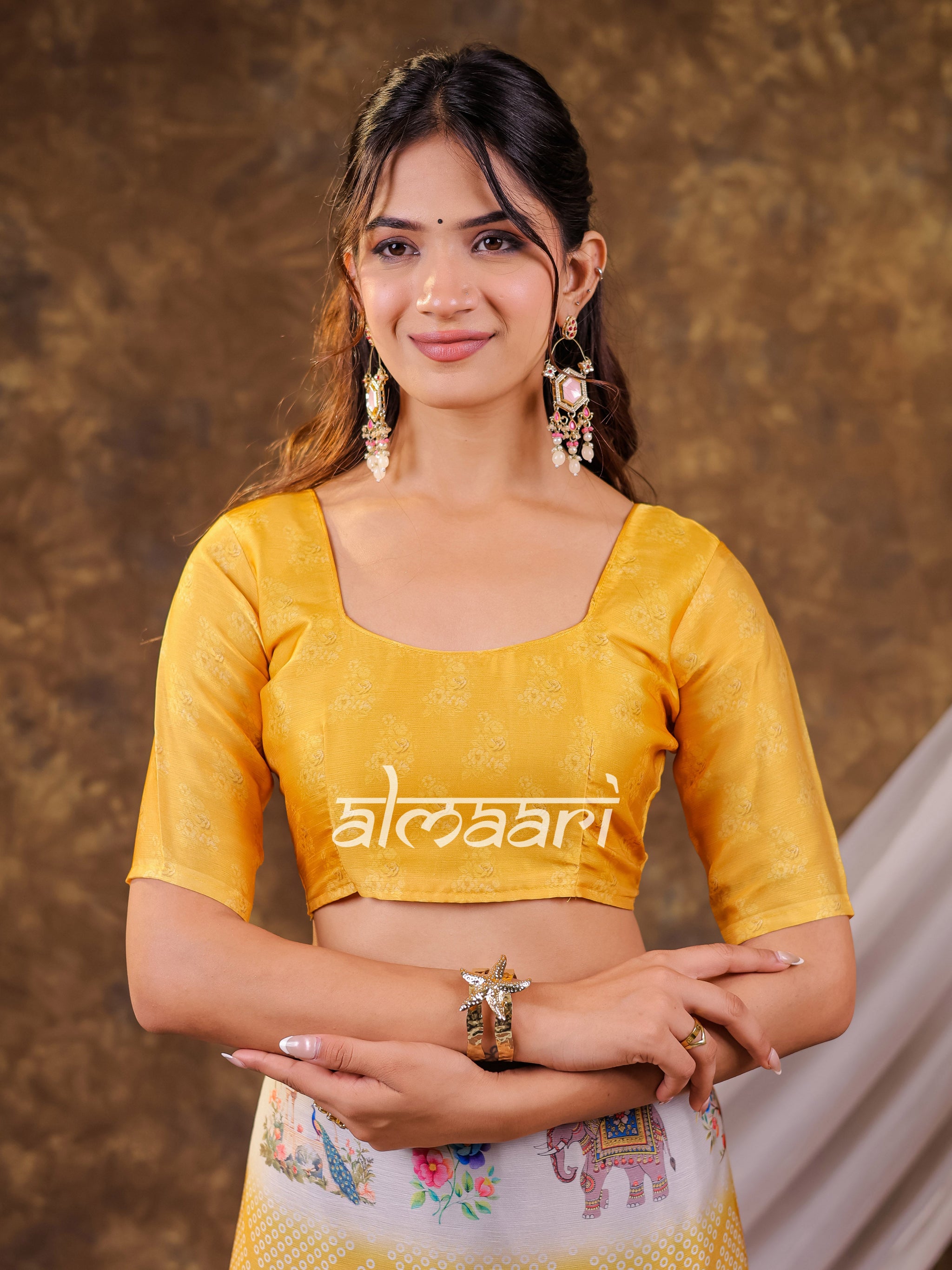 Vantara Mustard Yellow Satin Chiffon Printed Saree with Nature & Wildlife Print, Designer Tassel Pallu & Matching Blouse Piece