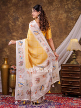 Vantara Mustard Yellow Satin Chiffon Printed Saree with Nature & Wildlife Print, Designer Tassel Pallu & Matching Blouse Piece