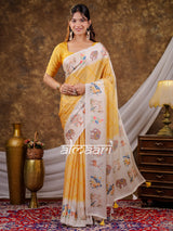 Vantara Mustard Yellow Satin Chiffon Printed Saree with Nature & Wildlife Print, Designer Tassel Pallu & Matching Blouse Piece