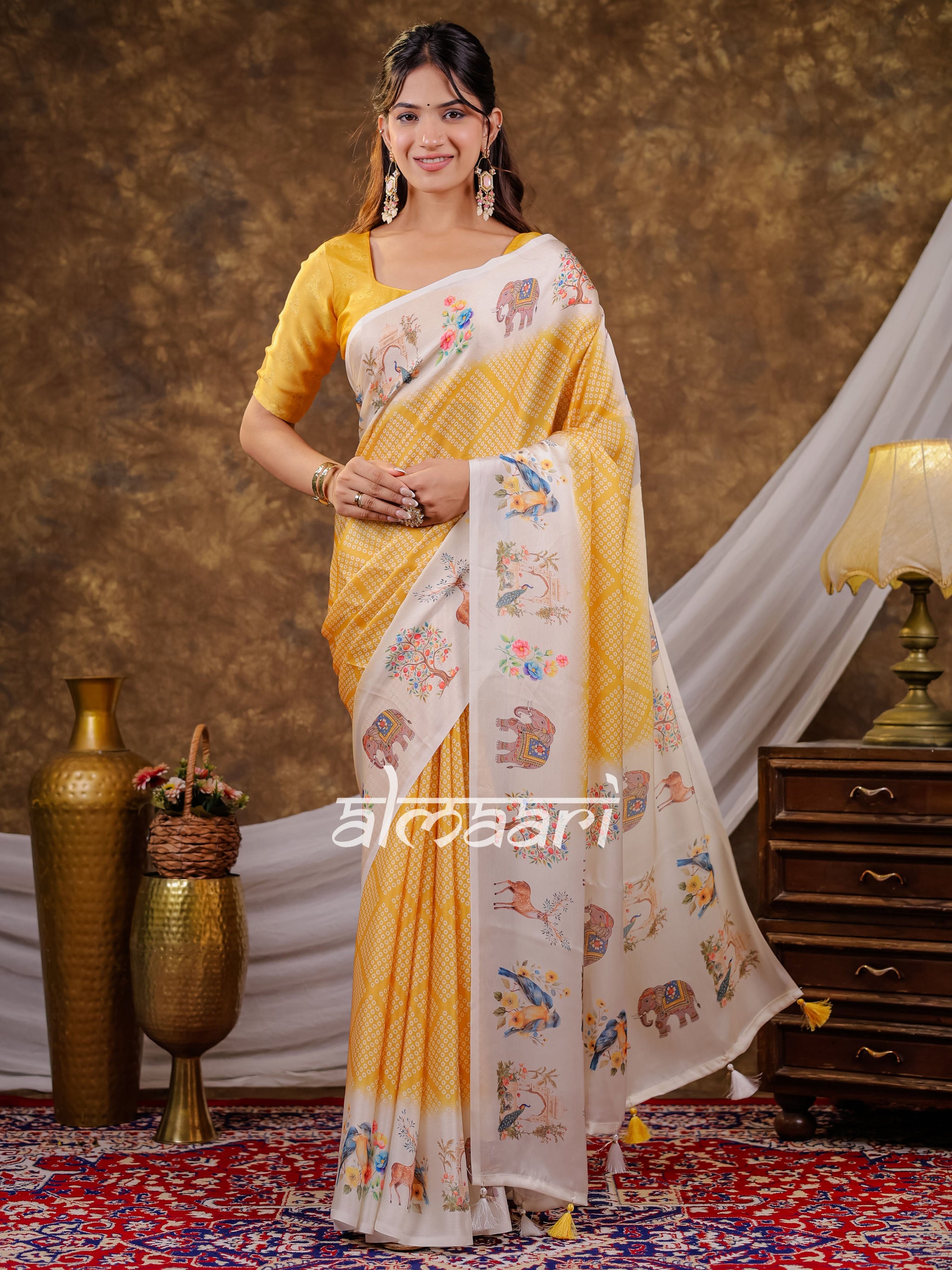Vantara Mustard Yellow Satin Chiffon Printed Saree with Nature & Wildlife Print, Designer Tassel Pallu & Matching Blouse Piece