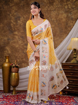 Vantara Mustard Yellow Satin Chiffon Printed Saree with Nature & Wildlife Print, Designer Tassel Pallu & Matching Blouse Piece