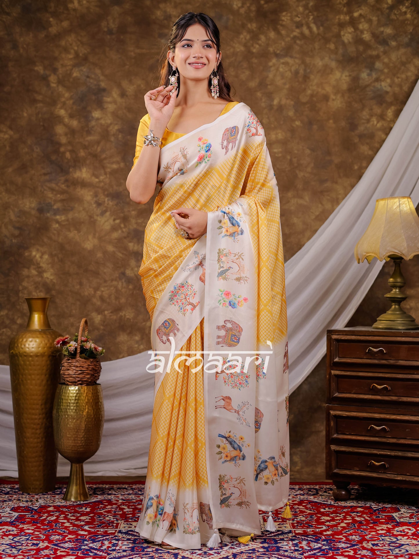Vantara Mustard Yellow Satin Chiffon Printed Saree with Nature & Wildlife Print, Designer Tassel Pallu & Matching Blouse Piece