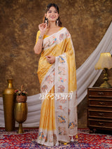 Vantara Mustard Yellow Satin Chiffon Printed Saree with Nature & Wildlife Print, Designer Tassel Pallu & Matching Blouse Piece