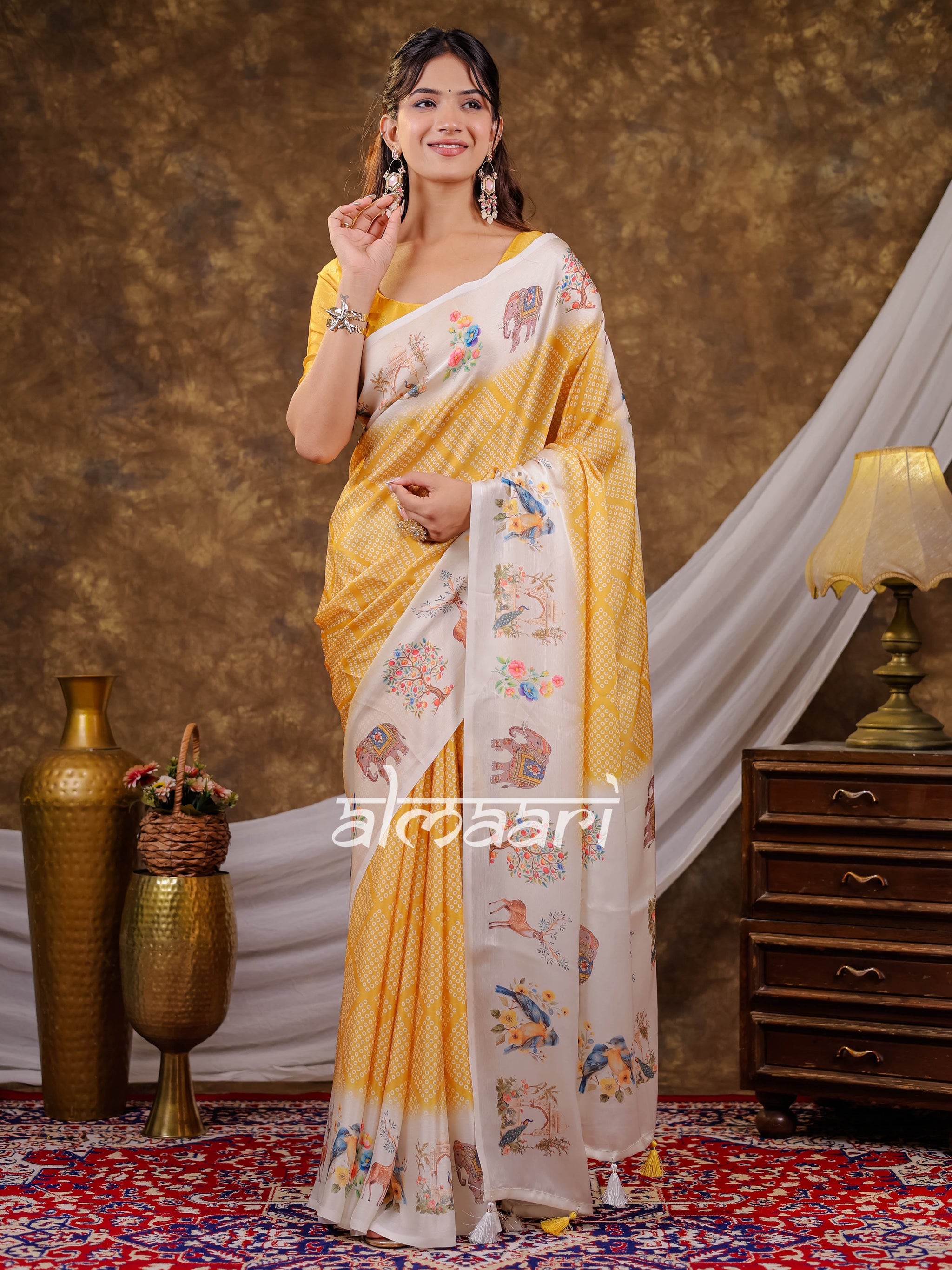 Vantara Mustard Yellow Satin Chiffon Printed Saree with Nature & Wildlife Print, Designer Tassel Pallu & Matching Blouse Piece