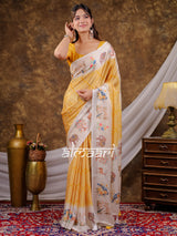 Vantara Mustard Yellow Satin Chiffon Printed Saree with Nature & Wildlife Print, Designer Tassel Pallu & Matching Blouse Piece