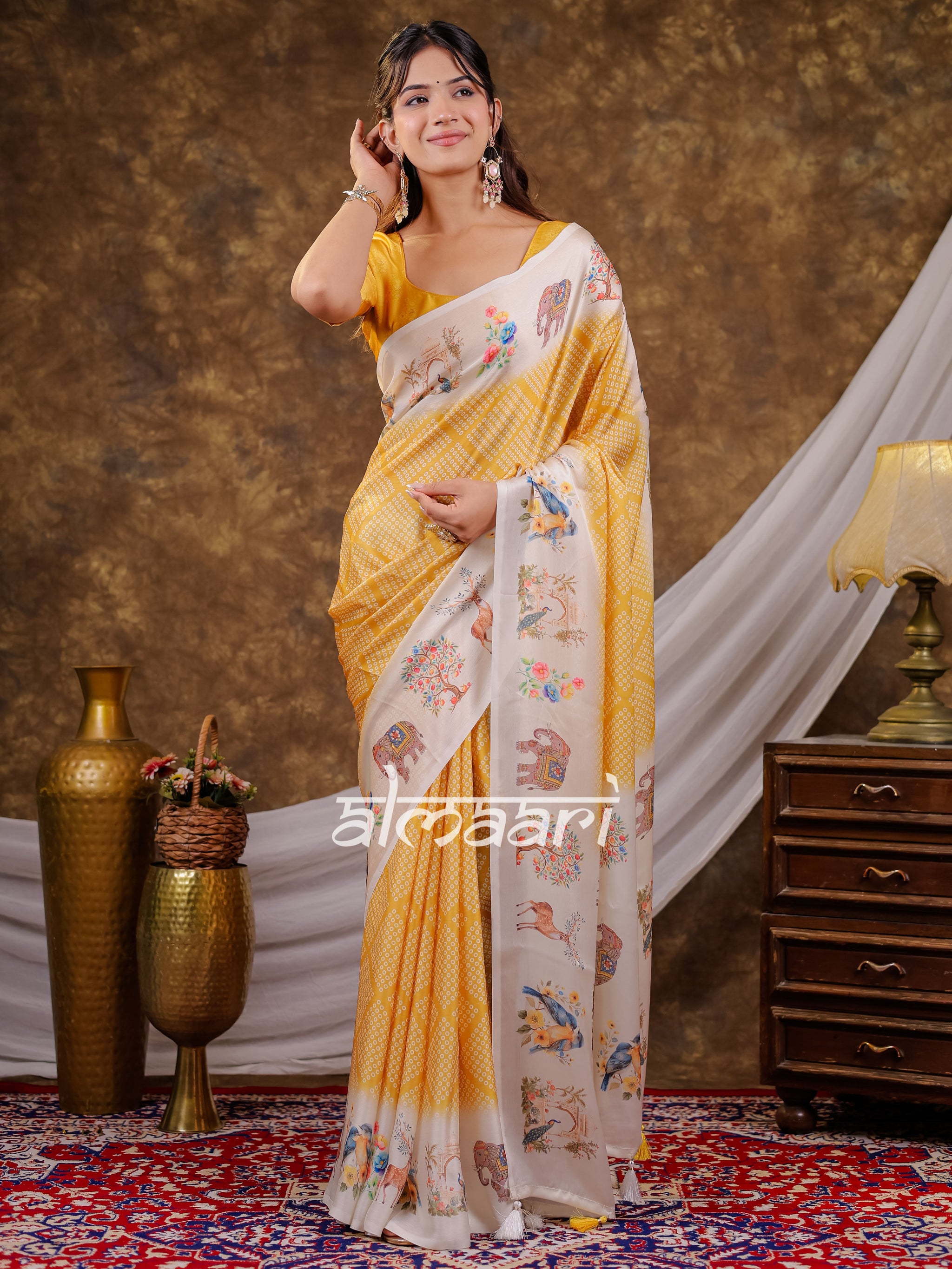 Vantara Mustard Yellow Satin Chiffon Printed Saree with Nature & Wildlife Print, Designer Tassel Pallu & Matching Blouse Piece