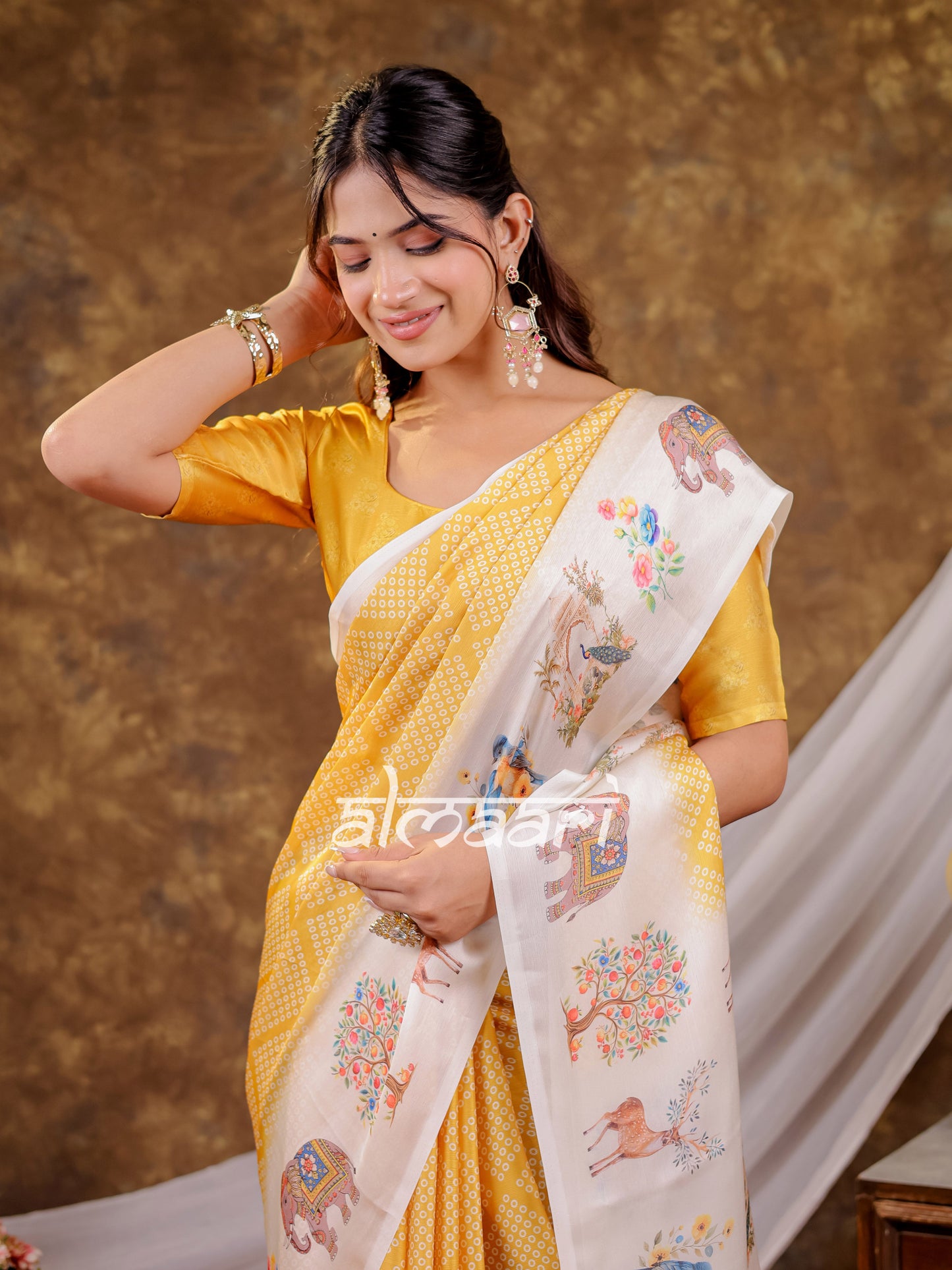 Vantara Mustard Yellow Satin Chiffon Printed Saree with Nature & Wildlife Print, Designer Tassel Pallu & Matching Blouse Piece