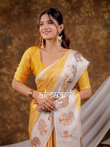 Vantara Mustard Yellow Satin Chiffon Printed Saree with Nature & Wildlife Print, Designer Tassel Pallu & Matching Blouse Piece
