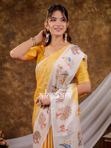 Vantara Mustard Yellow Satin Chiffon Printed Saree with Nature & Wildlife Print, Designer Tassel Pallu & Matching Blouse Piece